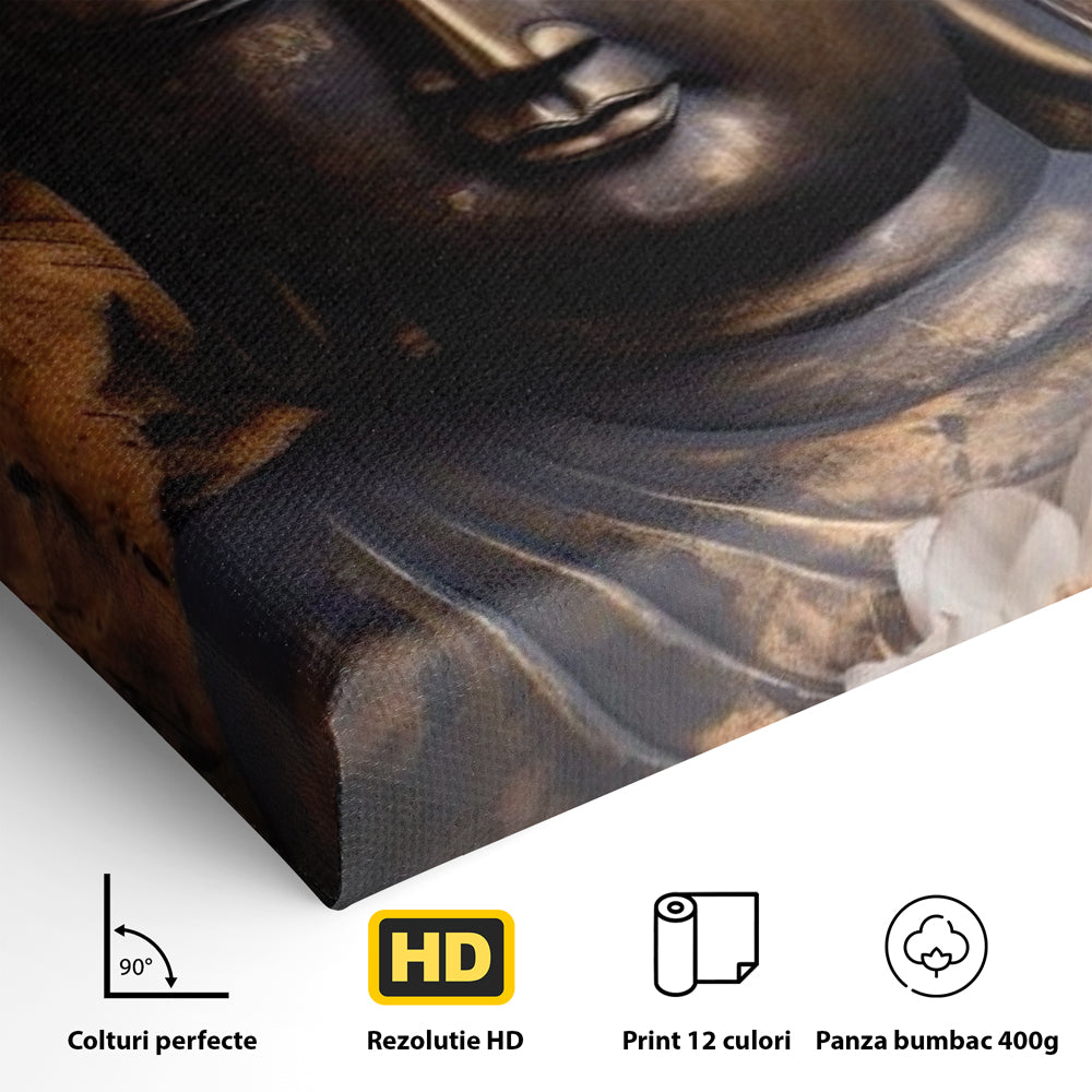Tablou Canvas Premium LuxCanva® I125, Spiritul Pacii, Buddha, Zen, Meditatie, Spiritualitate, Armonie, Pace Interioara, Echilibru, Lotus, Flori, Urna, Living, Dormitor