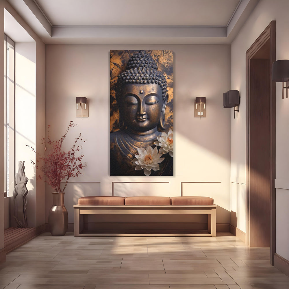 Tablou Canvas Premium LuxCanva® I125, Spiritul Pacii, Buddha, Zen, Meditatie, Spiritualitate, Armonie, Pace Interioara, Echilibru, Lotus, Flori, Urna, Living, Dormitor