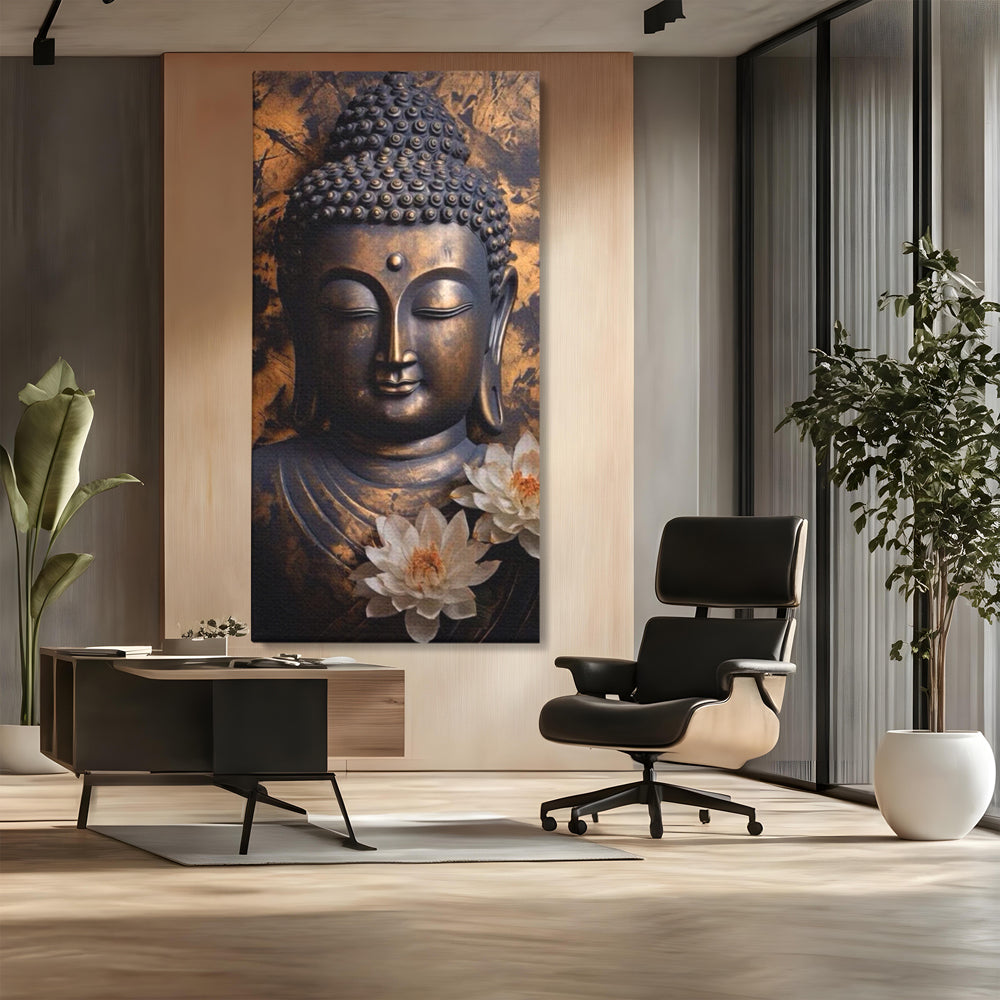 Tablou Canvas Premium LuxCanva® I125, Spiritul Pacii, Buddha, Zen, Meditatie, Spiritualitate, Armonie, Pace Interioara, Echilibru, Lotus, Flori, Urna, Living, Dormitor