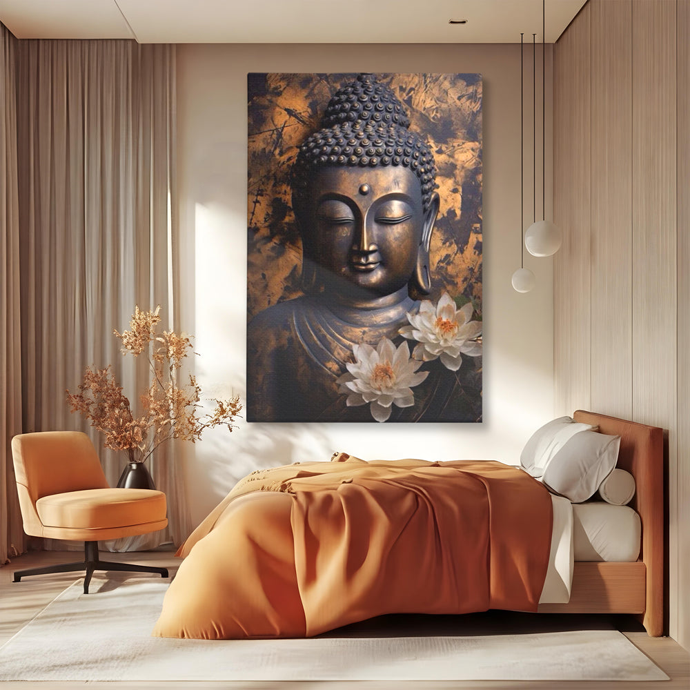 Tablou Canvas Premium LuxCanva® I125, Spiritul Pacii, Buddha, Zen, Meditatie, Spiritualitate, Armonie, Pace Interioara, Echilibru, Lotus, Flori, Urna, Living, Dormitor