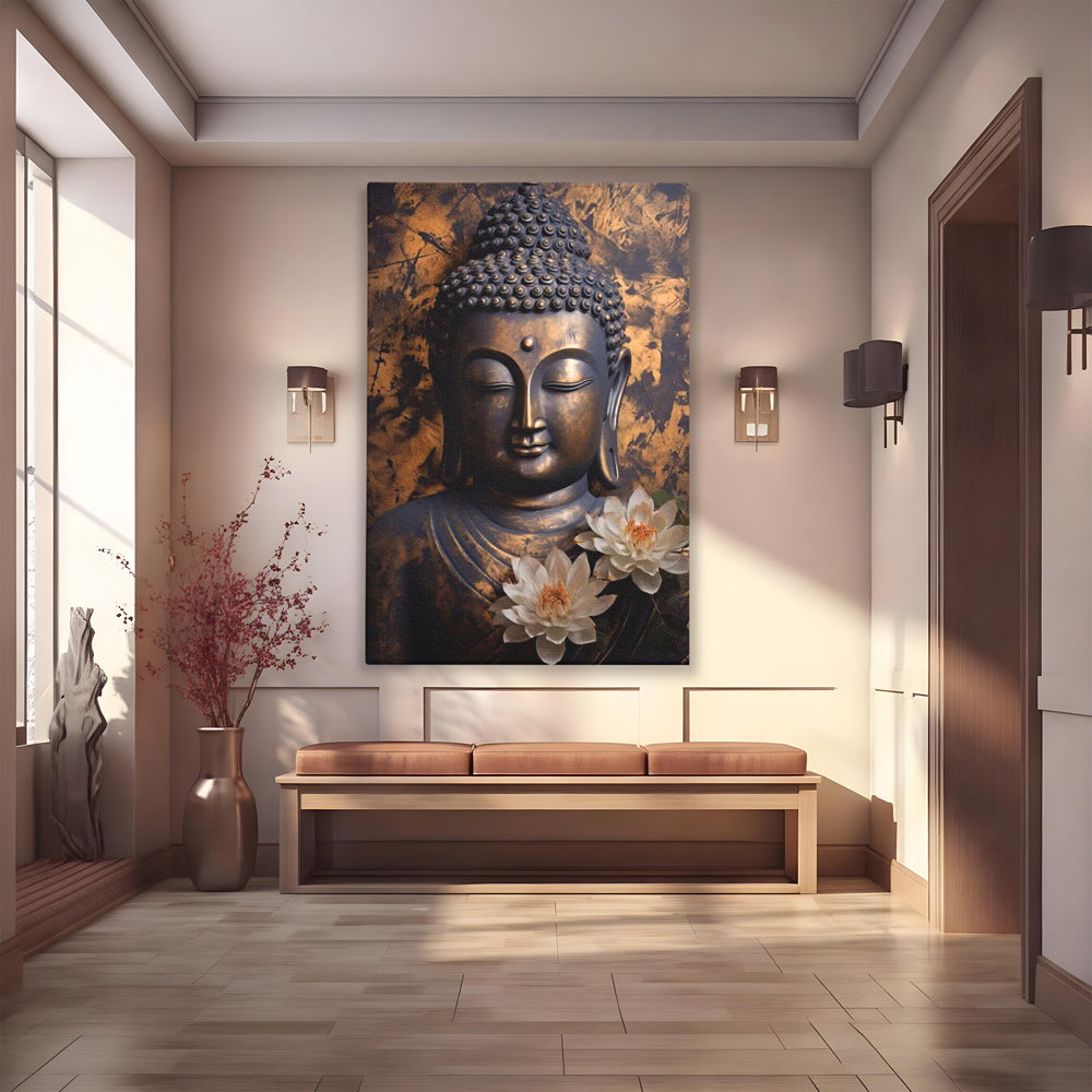 Tablou Canvas Premium LuxCanva® I125, Spiritul Pacii, Buddha, Zen, Meditatie, Spiritualitate, Armonie, Pace Interioara, Echilibru, Lotus, Flori, Urna, Living, Dormitor