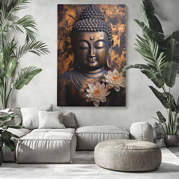 Tablou Canvas Premium LuxCanva® I125, Spiritul Pacii, Buddha, Zen, Meditatie, Spiritualitate, Armonie, Pace Interioara, Echilibru, Lotus, Flori, Urna, Living, Dormitor