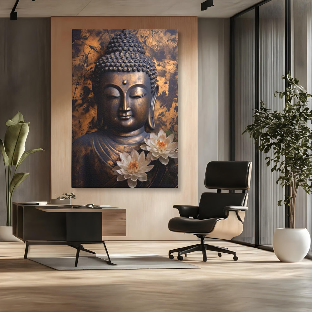 Tablou Canvas Premium LuxCanva® I125, Spiritul Pacii, Buddha, Zen, Meditatie, Spiritualitate, Armonie, Pace Interioara, Echilibru, Lotus, Flori, Urna, Living, Dormitor