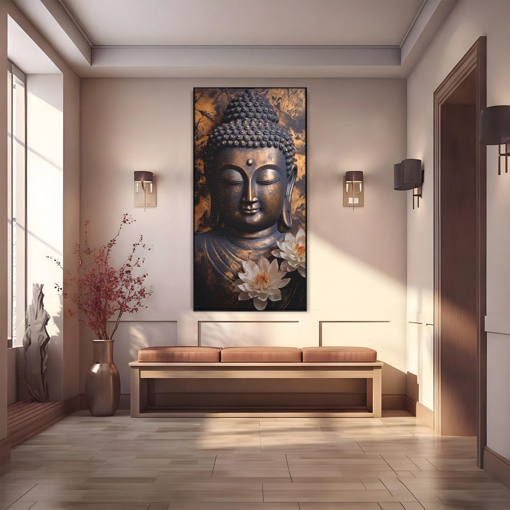 Tablou Canvas Premium LuxCanva® I125, Spiritul Pacii, Buddha, Zen, Meditatie, Spiritualitate, Armonie, Pace Interioara, Echilibru, Lotus, Flori, Urna, Living, Dormitor