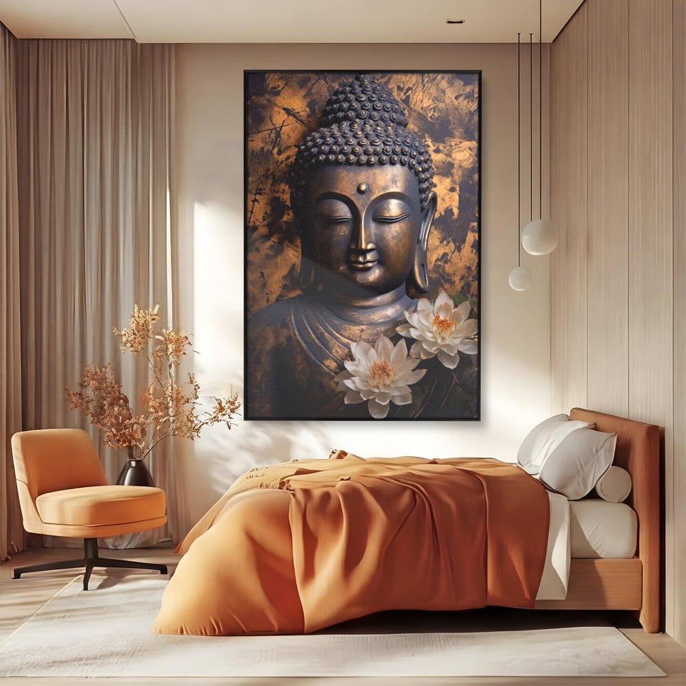 Tablou Canvas Premium LuxCanva® I125, Spiritul Pacii, Buddha, Zen, Meditatie, Spiritualitate, Armonie, Pace Interioara, Echilibru, Lotus, Flori, Urna, Living, Dormitor