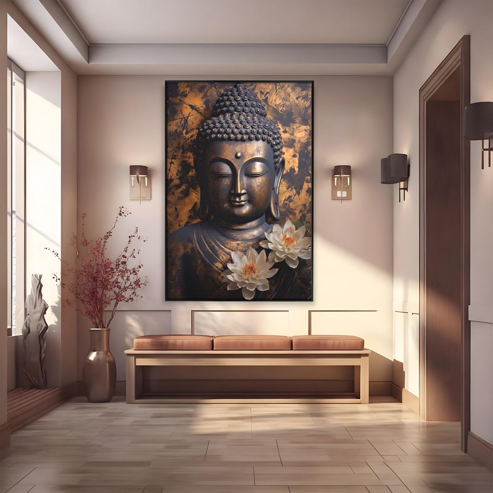 Tablou Canvas Premium LuxCanva® I125, Spiritul Pacii, Buddha, Zen, Meditatie, Spiritualitate, Armonie, Pace Interioara, Echilibru, Lotus, Flori, Urna, Living, Dormitor