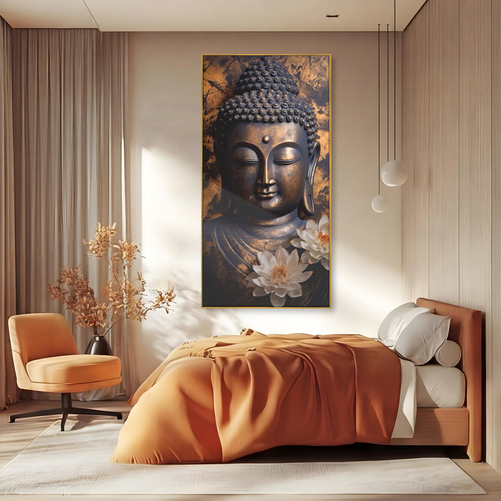 Tablou Canvas Premium LuxCanva® I125, Spiritul Pacii, Buddha, Zen, Meditatie, Spiritualitate, Armonie, Pace Interioara, Echilibru, Lotus, Flori, Urna, Living, Dormitor