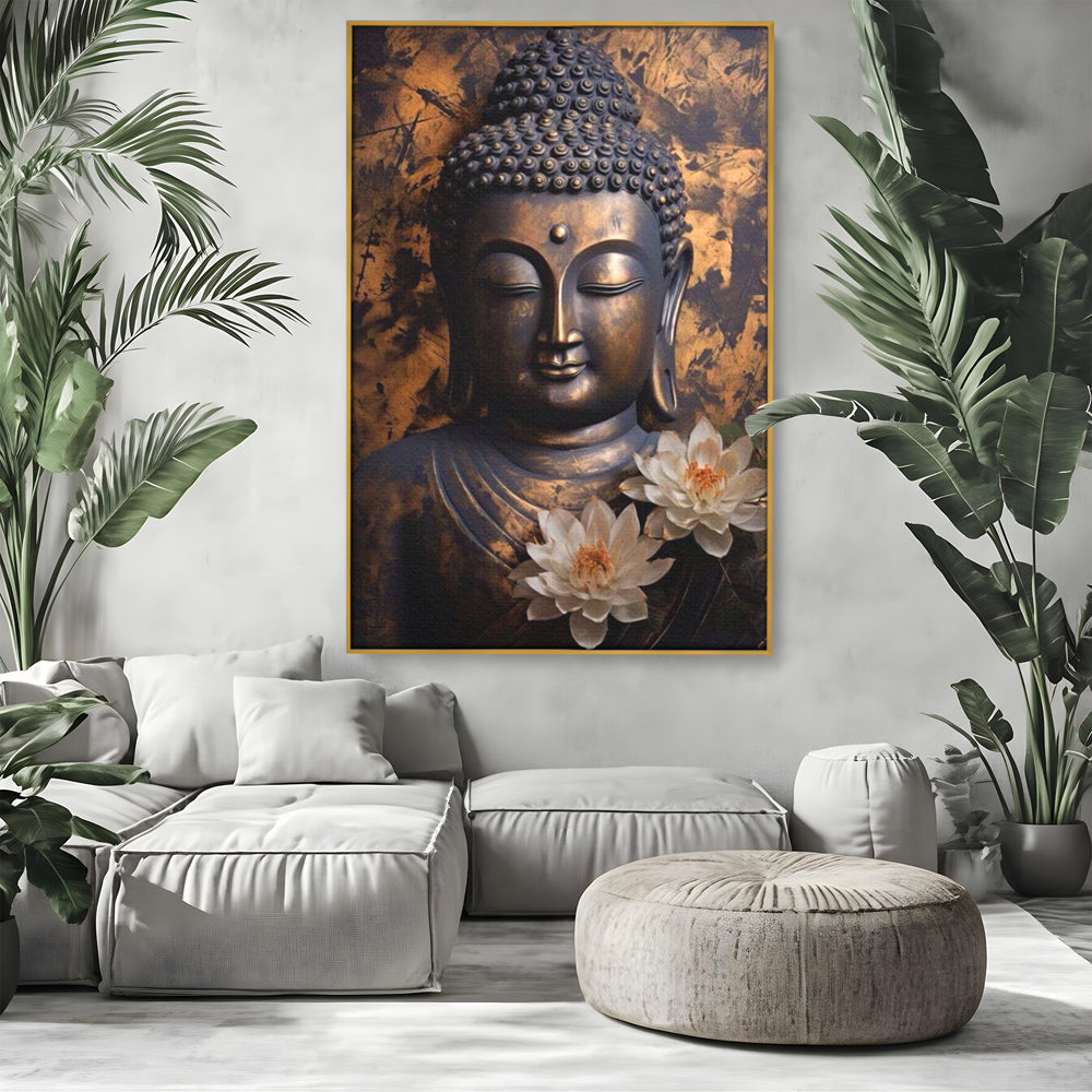 Tablou Canvas Premium LuxCanva® I125, Spiritul Pacii, Buddha, Zen, Meditatie, Spiritualitate, Armonie, Pace Interioara, Echilibru, Lotus, Flori, Urna, Living, Dormitor