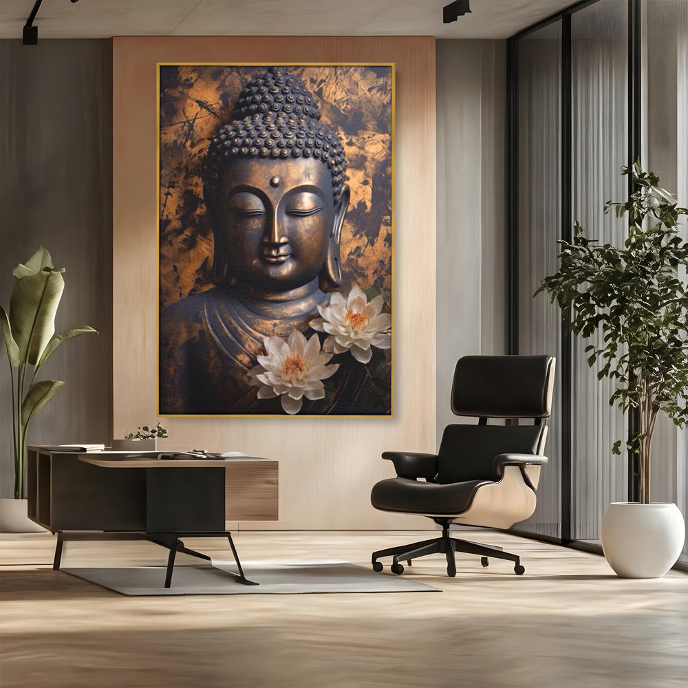 Tablou Canvas Premium LuxCanva® I125, Spiritul Pacii, Buddha, Zen, Meditatie, Spiritualitate, Armonie, Pace Interioara, Echilibru, Lotus, Flori, Urna, Living, Dormitor