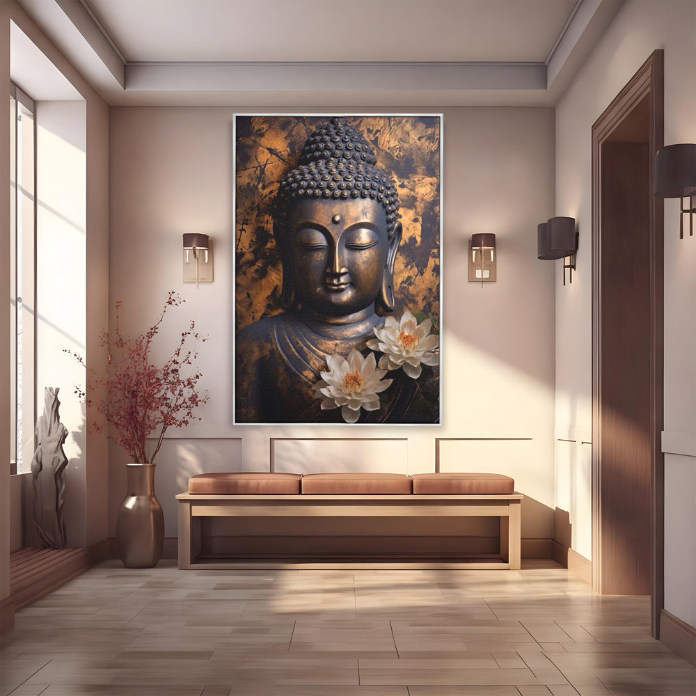 Tablou Canvas Premium LuxCanva® I125, Spiritul Pacii, Buddha, Zen, Meditatie, Spiritualitate, Armonie, Pace Interioara, Echilibru, Lotus, Flori, Urna, Living, Dormitor
