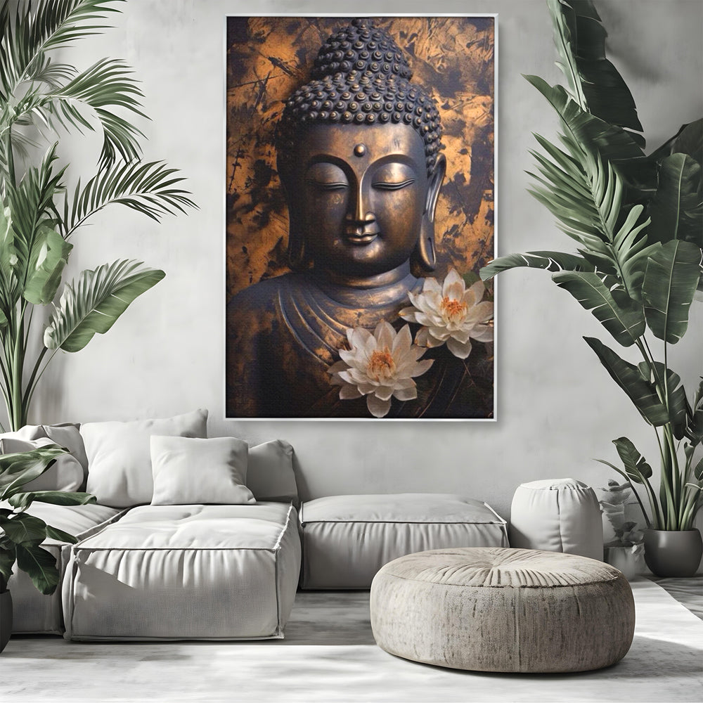 Tablou Canvas Premium LuxCanva® I125, Spiritul Pacii, Buddha, Zen, Meditatie, Spiritualitate, Armonie, Pace Interioara, Echilibru, Lotus, Flori, Urna, Living, Dormitor