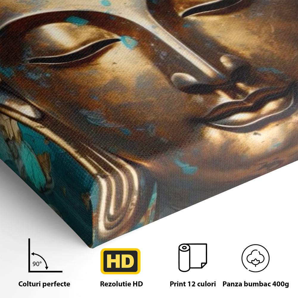 Tablou Canvas Premium LuxCanva® I127, Regal Zen, Buddha, Meditatie, Spiritualitate, Armonie, Pace Interioara, Echilibru, Eleganta, Frunze, Turcoaz, Gold, Living, Dormitor