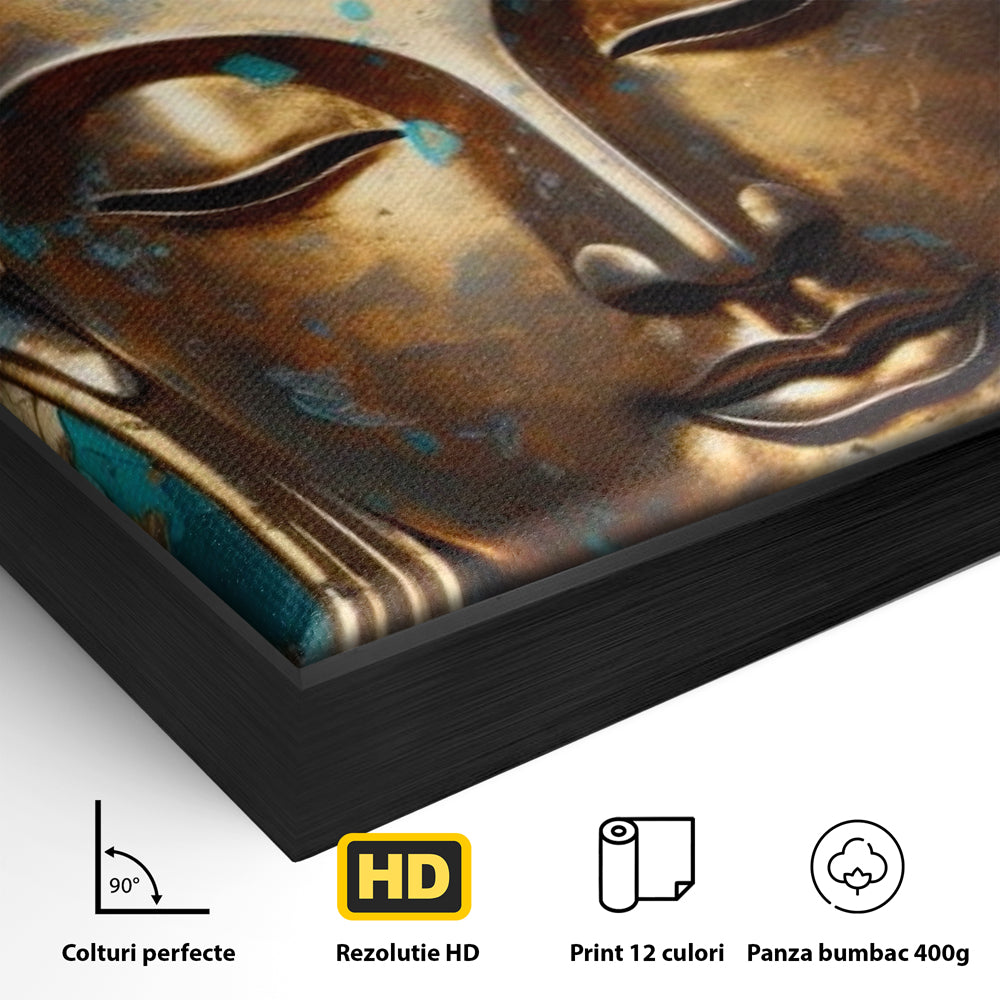 Tablou Canvas Premium LuxCanva® I127, Regal Zen, Buddha, Meditatie, Spiritualitate, Armonie, Pace Interioara, Echilibru, Eleganta, Frunze, Turcoaz, Gold, Living, Dormitor