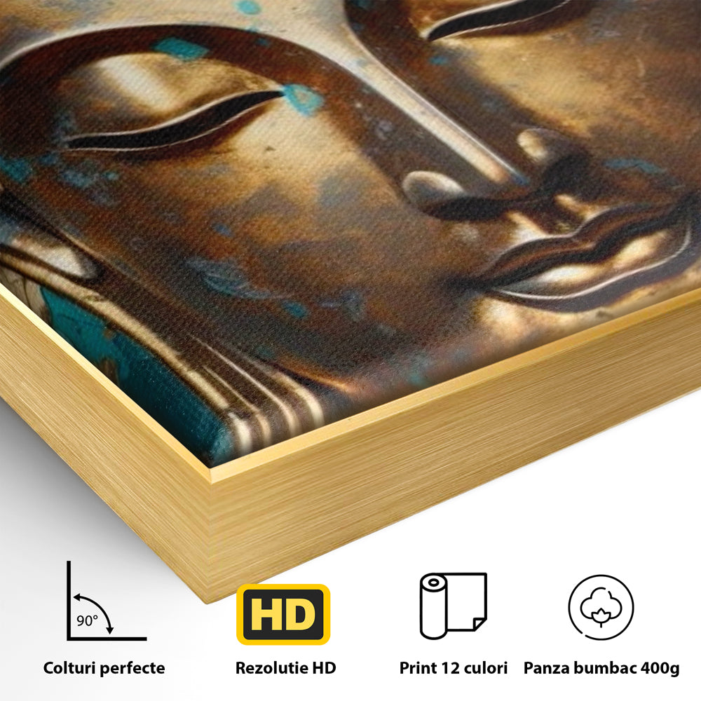 Tablou Canvas Premium LuxCanva® I127, Regal Zen, Buddha, Meditatie, Spiritualitate, Armonie, Pace Interioara, Echilibru, Eleganta, Frunze, Turcoaz, Gold, Living, Dormitor