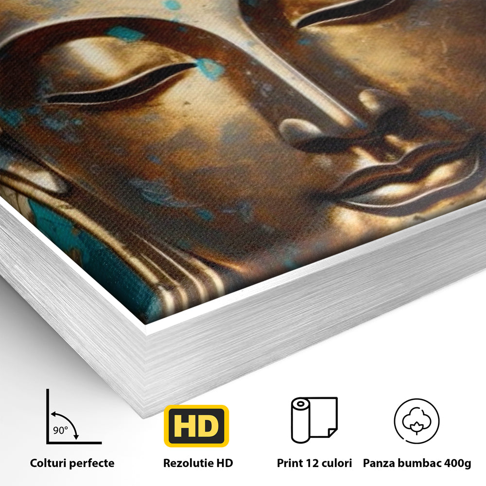 Tablou Canvas Premium LuxCanva® I127, Regal Zen, Buddha, Meditatie, Spiritualitate, Armonie, Pace Interioara, Echilibru, Eleganta, Frunze, Turcoaz, Gold, Living, Dormitor