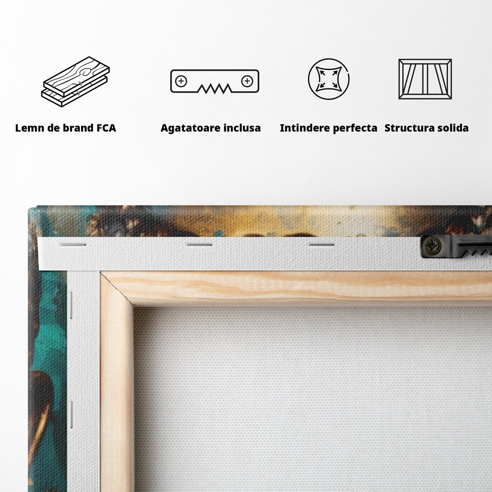 Tablou Canvas Premium LuxCanva® I127, Regal Zen, Buddha, Meditatie, Spiritualitate, Armonie, Pace Interioara, Echilibru, Eleganta, Frunze, Turcoaz, Gold, Living, Dormitor