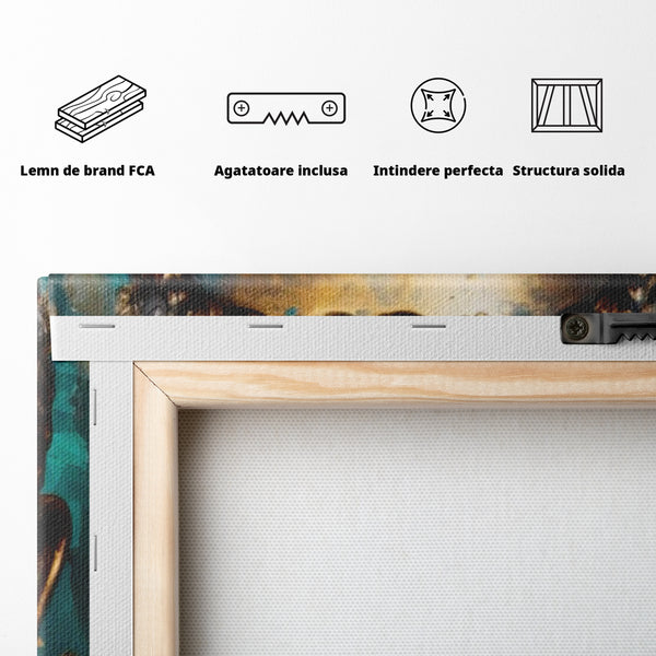 Tablou Canvas Premium LuxCanva® I127, Regal Zen, Buddha, Meditatie, Spiritualitate, Armonie, Pace Interioara, Echilibru, Eleganta, Frunze, Turcoaz, Gold, Living, Dormitor