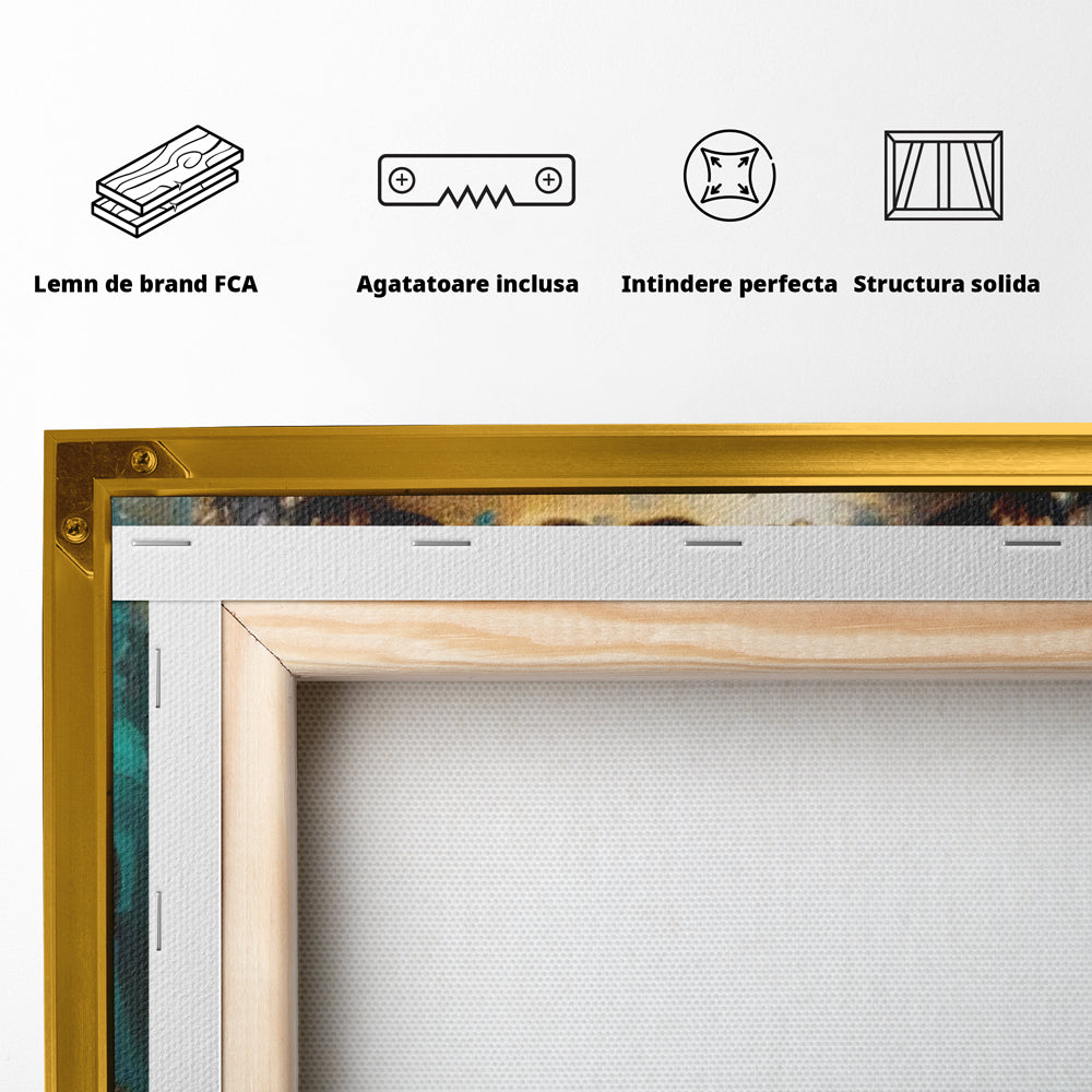 Tablou Canvas Premium LuxCanva® I127, Regal Zen, Buddha, Meditatie, Spiritualitate, Armonie, Pace Interioara, Echilibru, Eleganta, Frunze, Turcoaz, Gold, Living, Dormitor