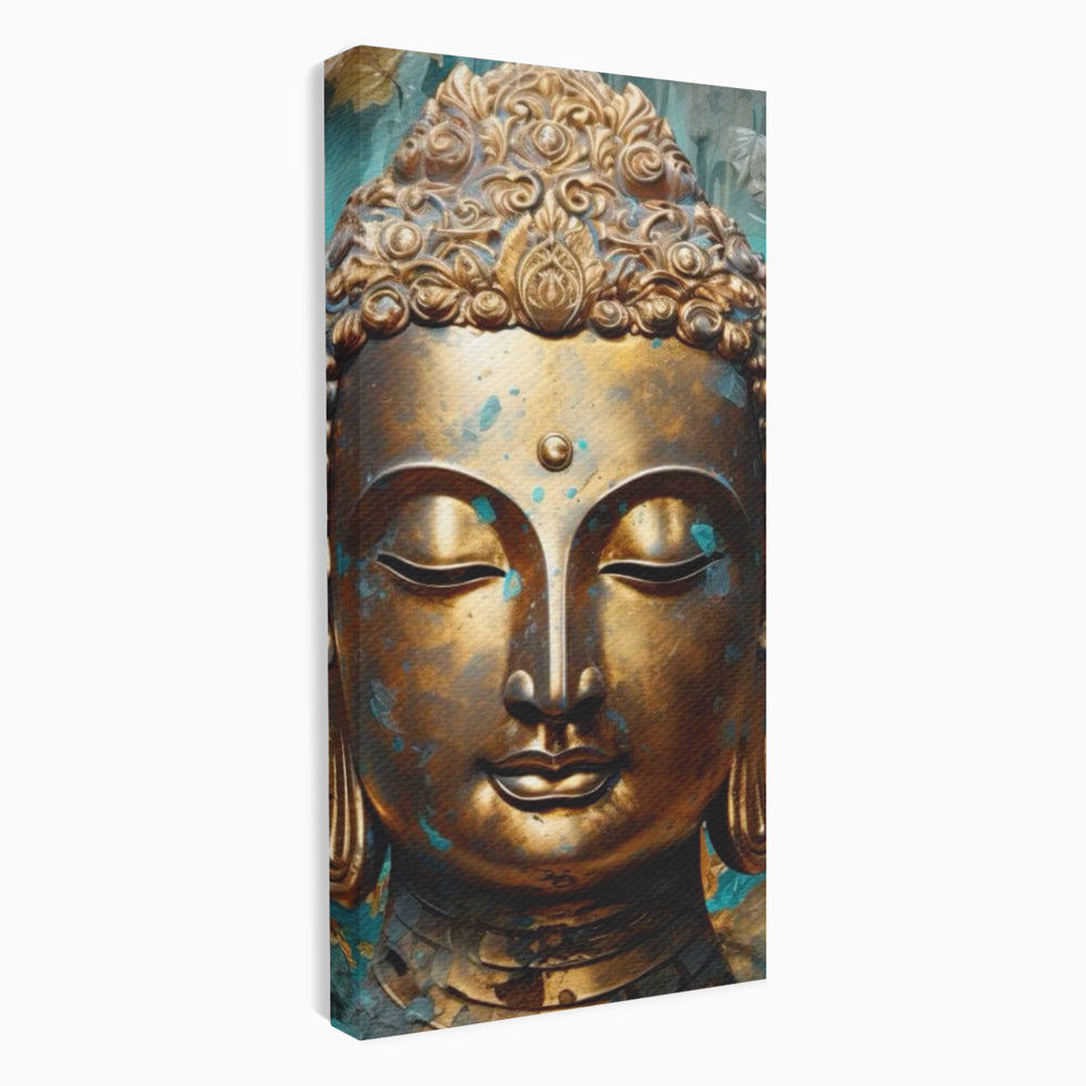 Tablou Canvas Premium LuxCanva® I127, Regal Zen, Buddha, Meditatie, Spiritualitate, Armonie, Pace Interioara, Echilibru, Eleganta, Frunze, Turcoaz, Gold, Living, Dormitor