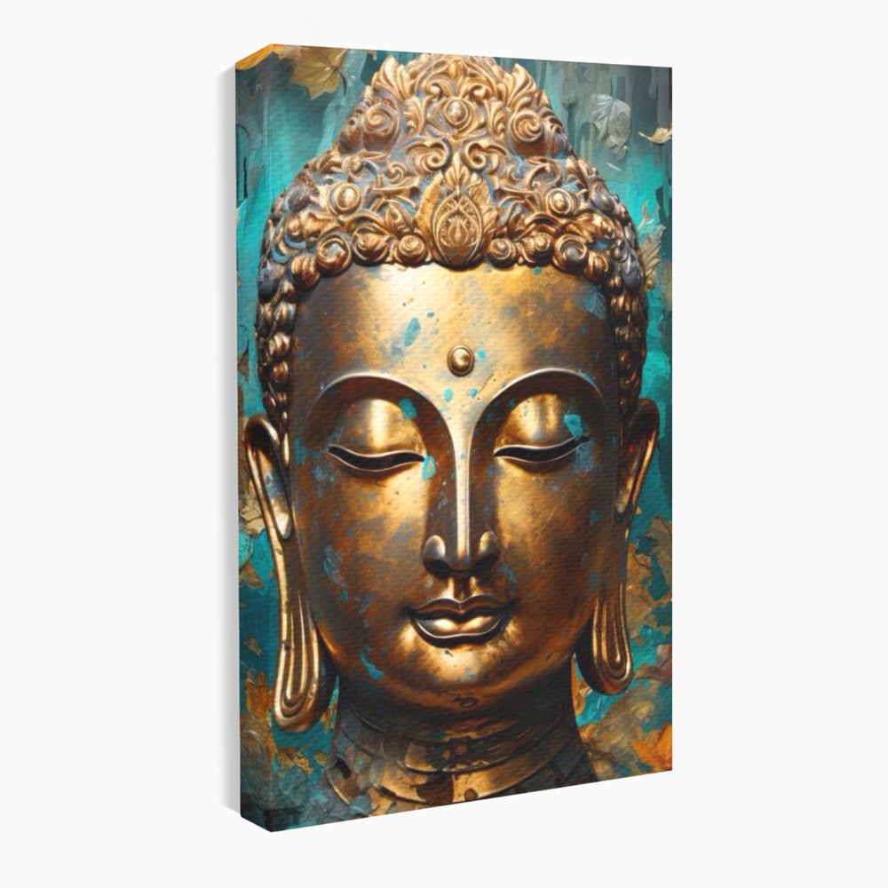 Tablou Canvas Premium LuxCanva® I127, Regal Zen, Buddha, Meditatie, Spiritualitate, Armonie, Pace Interioara, Echilibru, Eleganta, Frunze, Turcoaz, Gold, Living, Dormitor