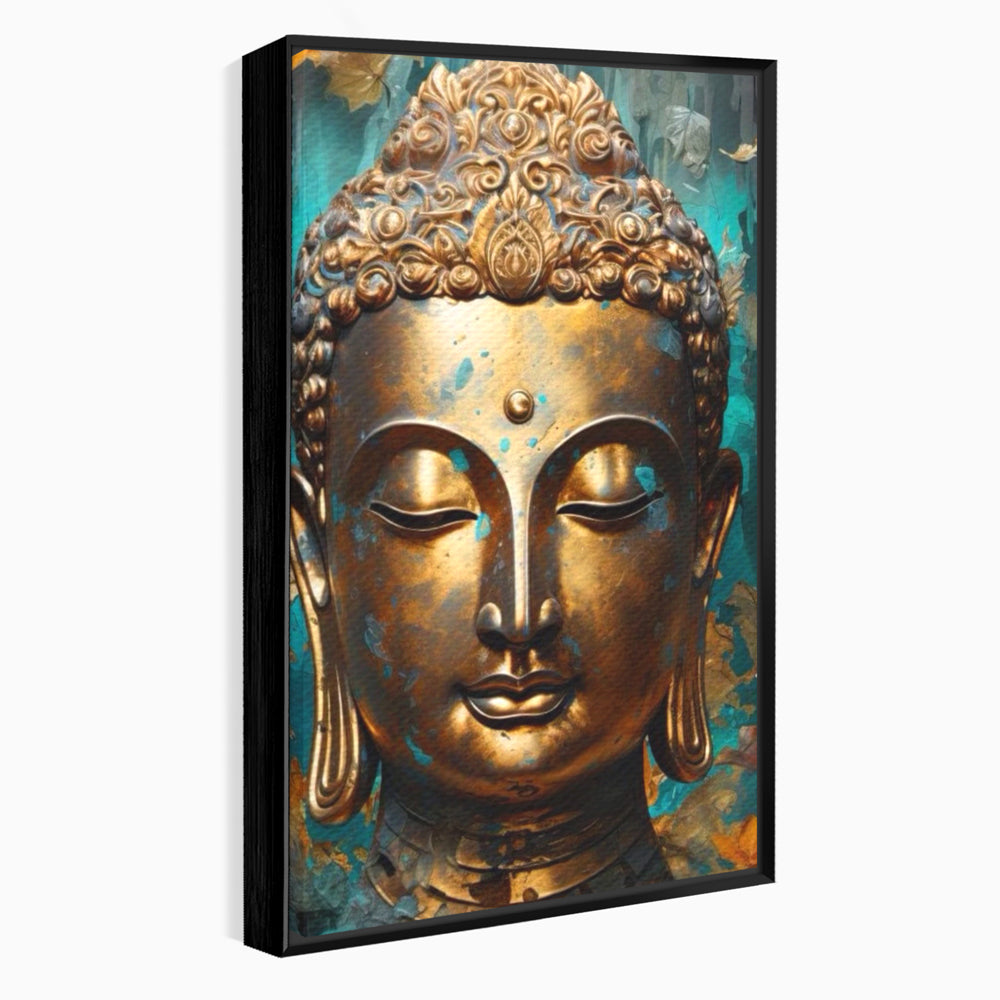 Tablou Canvas Premium LuxCanva® I127, Regal Zen, Buddha, Meditatie, Spiritualitate, Armonie, Pace Interioara, Echilibru, Eleganta, Frunze, Turcoaz, Gold, Living, Dormitor