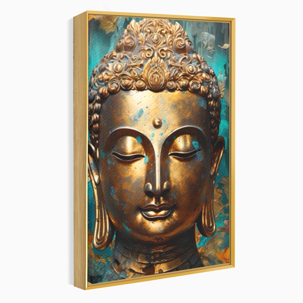 Tablou Canvas Premium LuxCanva® I127, Regal Zen, Buddha, Meditatie, Spiritualitate, Armonie, Pace Interioara, Echilibru, Eleganta, Frunze, Turcoaz, Gold, Living, Dormitor