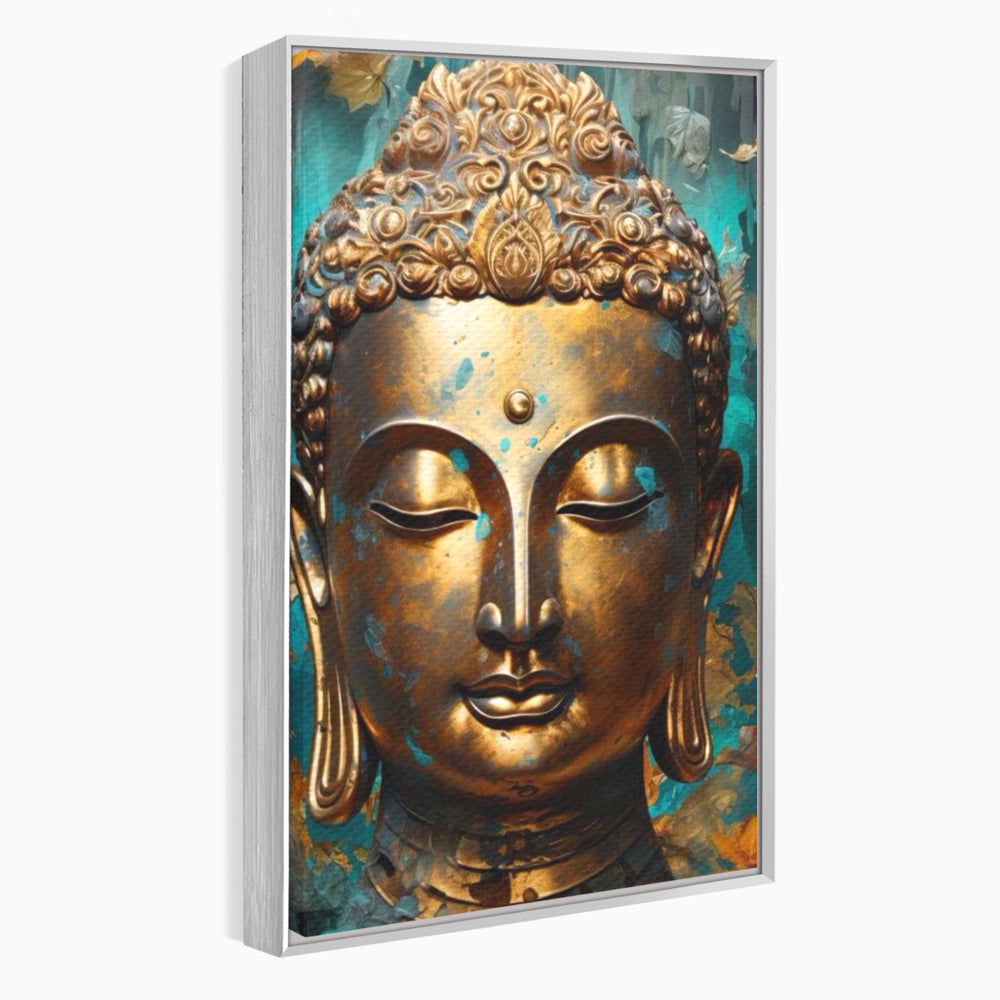 Tablou Canvas Premium LuxCanva® I127, Regal Zen, Buddha, Meditatie, Spiritualitate, Armonie, Pace Interioara, Echilibru, Eleganta, Frunze, Turcoaz, Gold, Living, Dormitor