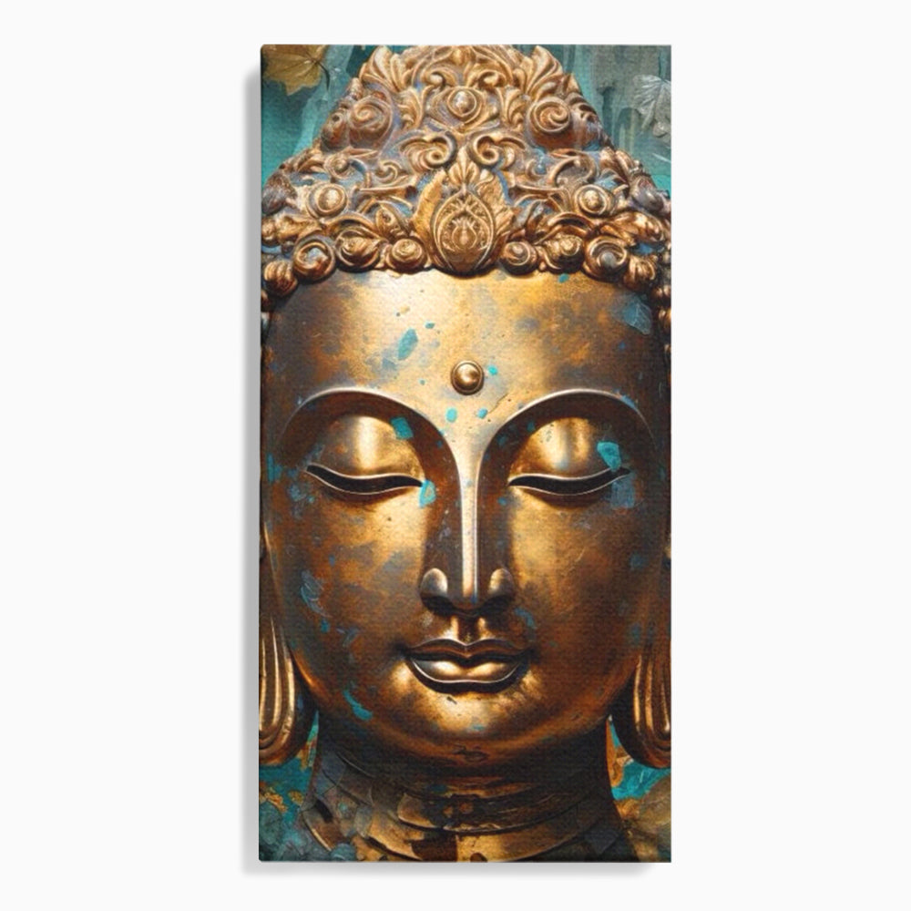 Tablou Canvas Premium LuxCanva® I127, Regal Zen, Buddha, Meditatie, Spiritualitate, Armonie, Pace Interioara, Echilibru, Eleganta, Frunze, Turcoaz, Gold, Living, Dormitor