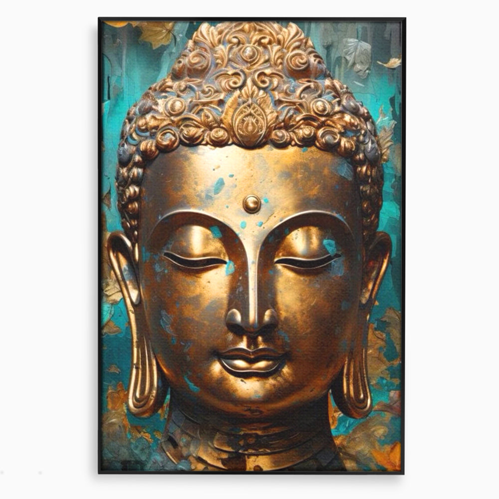Tablou Canvas Premium LuxCanva® I127, Regal Zen, Buddha, Meditatie, Spiritualitate, Armonie, Pace Interioara, Echilibru, Eleganta, Frunze, Turcoaz, Gold, Living, Dormitor