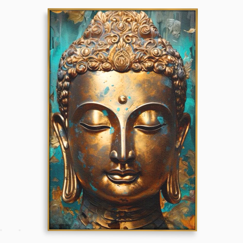 Tablou Canvas Premium LuxCanva® I127, Regal Zen, Buddha, Meditatie, Spiritualitate, Armonie, Pace Interioara, Echilibru, Eleganta, Frunze, Turcoaz, Gold, Living, Dormitor