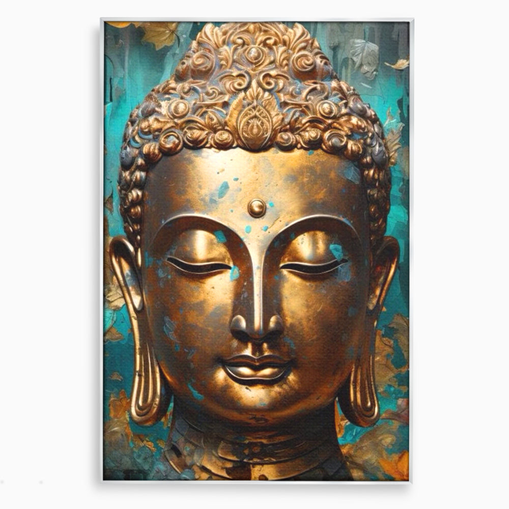 Tablou Canvas Premium LuxCanva® I127, Regal Zen, Buddha, Meditatie, Spiritualitate, Armonie, Pace Interioara, Echilibru, Eleganta, Frunze, Turcoaz, Gold, Living, Dormitor