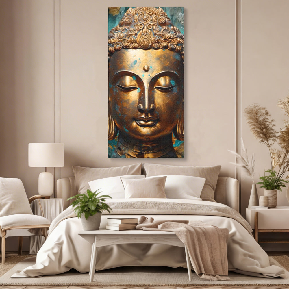 Tablou Canvas Premium LuxCanva® I127, Regal Zen, Buddha, Meditatie, Spiritualitate, Armonie, Pace Interioara, Echilibru, Eleganta, Frunze, Turcoaz, Gold, Living, Dormitor
