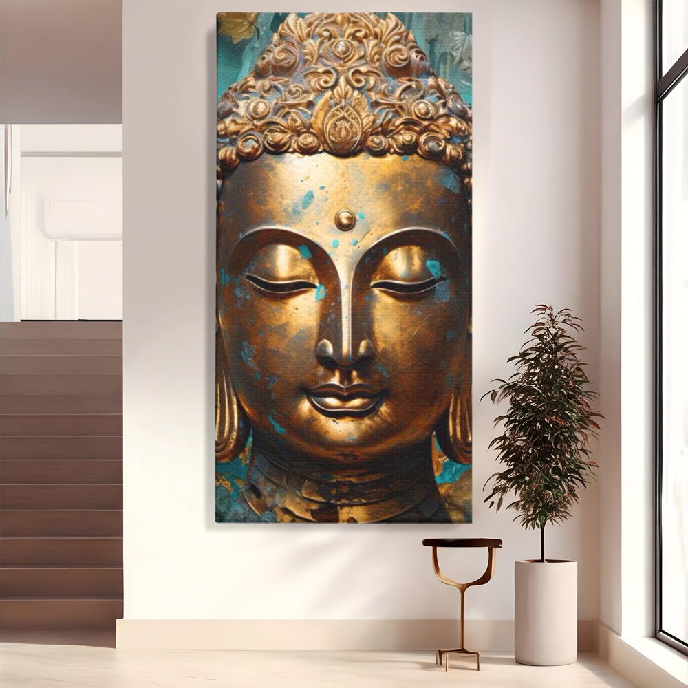 Tablou Canvas Premium LuxCanva® I127, Regal Zen, Buddha, Meditatie, Spiritualitate, Armonie, Pace Interioara, Echilibru, Eleganta, Frunze, Turcoaz, Gold, Living, Dormitor