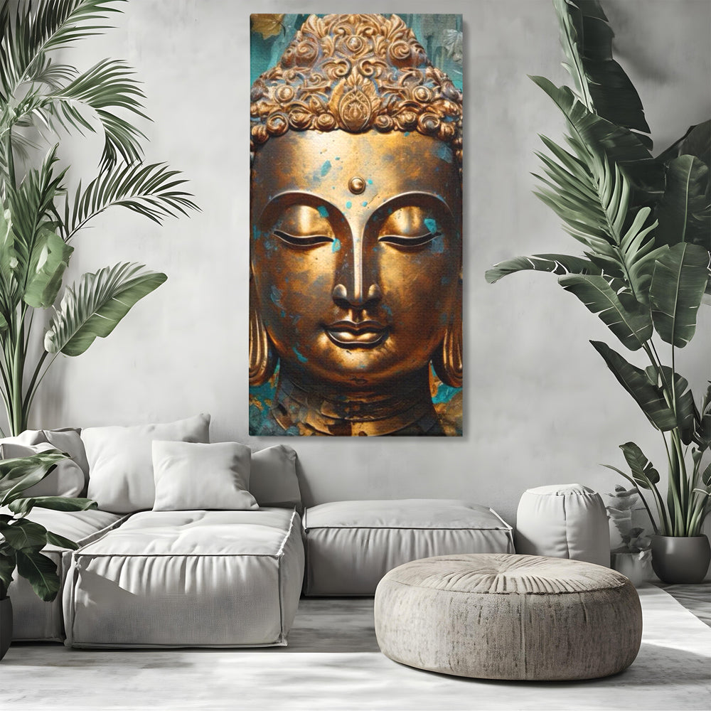 Tablou Canvas Premium LuxCanva® I127, Regal Zen, Buddha, Meditatie, Spiritualitate, Armonie, Pace Interioara, Echilibru, Eleganta, Frunze, Turcoaz, Gold, Living, Dormitor