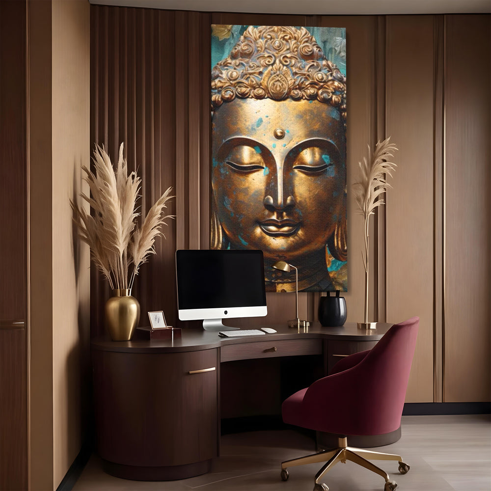 Tablou Canvas Premium LuxCanva® I127, Regal Zen, Buddha, Meditatie, Spiritualitate, Armonie, Pace Interioara, Echilibru, Eleganta, Frunze, Turcoaz, Gold, Living, Dormitor