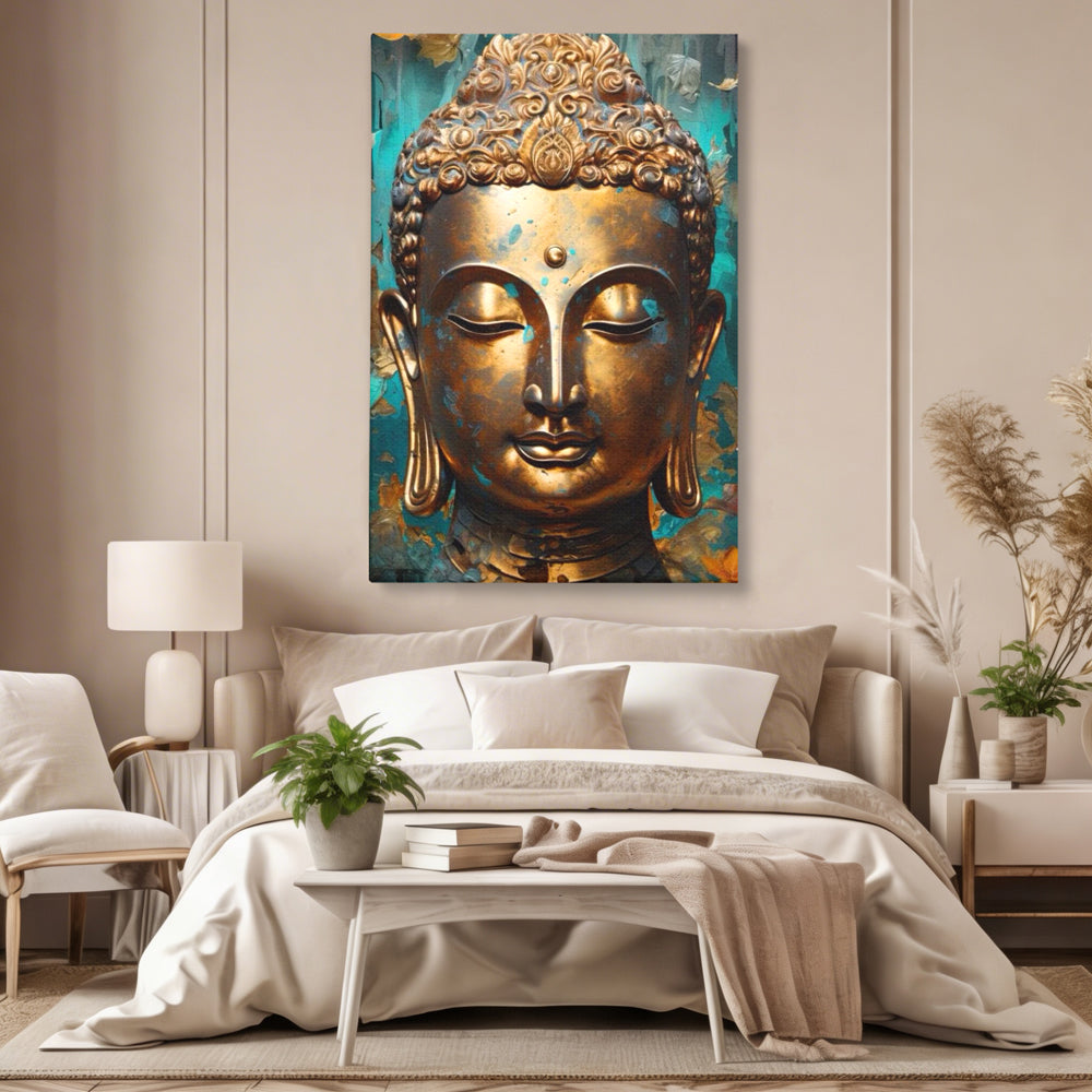 Tablou Canvas Premium LuxCanva® I127, Regal Zen, Buddha, Meditatie, Spiritualitate, Armonie, Pace Interioara, Echilibru, Eleganta, Frunze, Turcoaz, Gold, Living, Dormitor