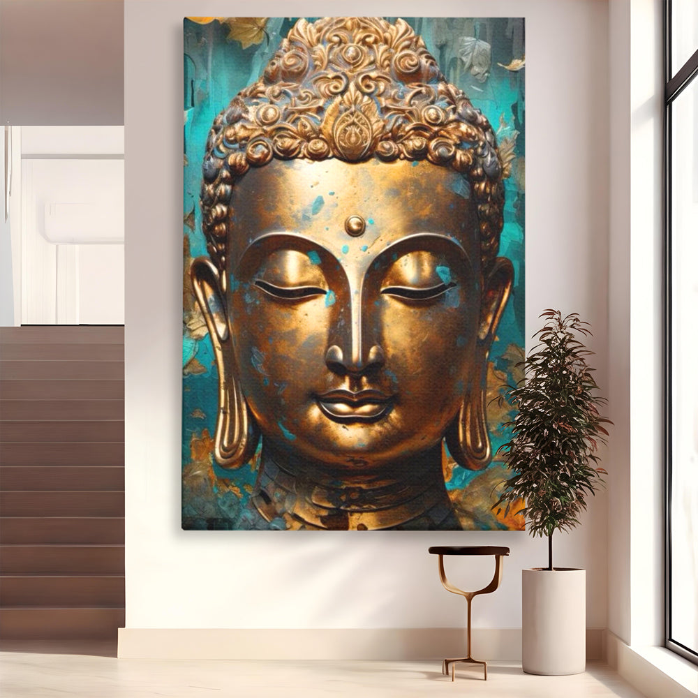 Tablou Canvas Premium LuxCanva® I127, Regal Zen, Buddha, Meditatie, Spiritualitate, Armonie, Pace Interioara, Echilibru, Eleganta, Frunze, Turcoaz, Gold, Living, Dormitor
