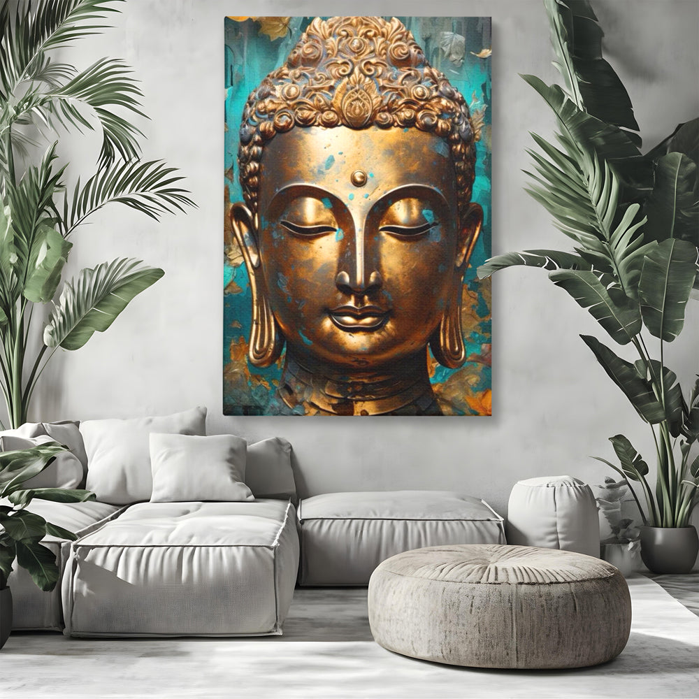 Tablou Canvas Premium LuxCanva® I127, Regal Zen, Buddha, Meditatie, Spiritualitate, Armonie, Pace Interioara, Echilibru, Eleganta, Frunze, Turcoaz, Gold, Living, Dormitor