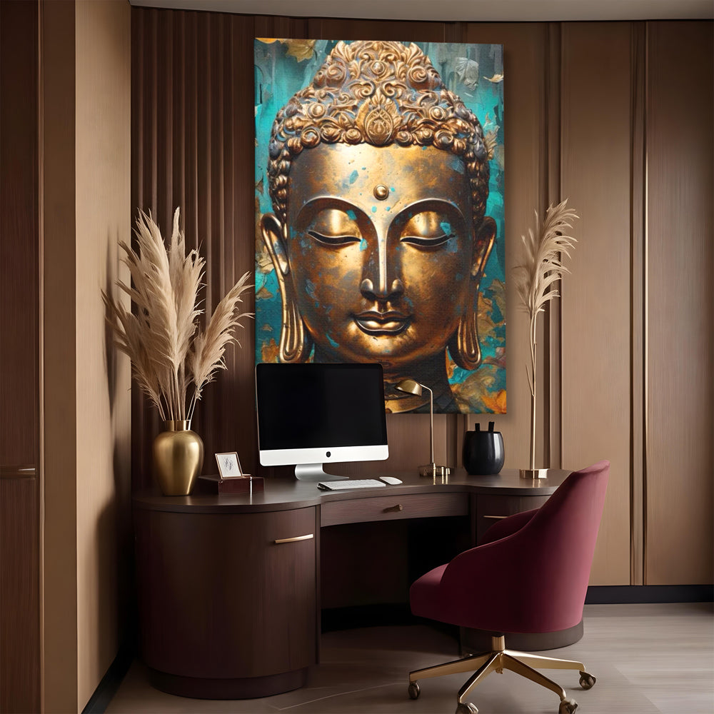 Tablou Canvas Premium LuxCanva® I127, Regal Zen, Buddha, Meditatie, Spiritualitate, Armonie, Pace Interioara, Echilibru, Eleganta, Frunze, Turcoaz, Gold, Living, Dormitor