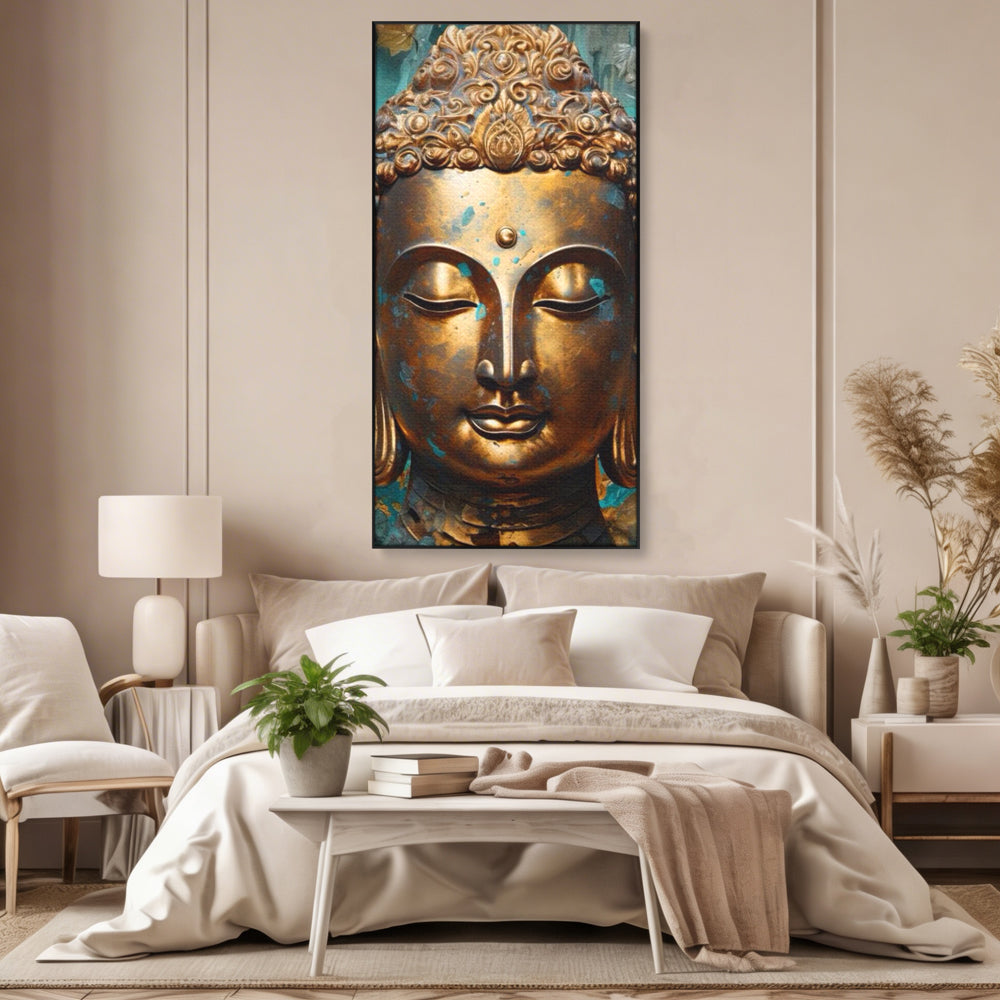 Tablou Canvas Premium LuxCanva® I127, Regal Zen, Buddha, Meditatie, Spiritualitate, Armonie, Pace Interioara, Echilibru, Eleganta, Frunze, Turcoaz, Gold, Living, Dormitor