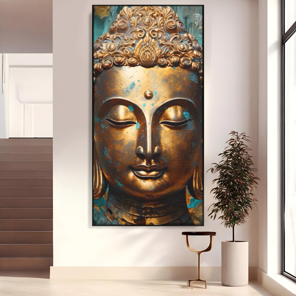Tablou Canvas Premium LuxCanva® I127, Regal Zen, Buddha, Meditatie, Spiritualitate, Armonie, Pace Interioara, Echilibru, Eleganta, Frunze, Turcoaz, Gold, Living, Dormitor