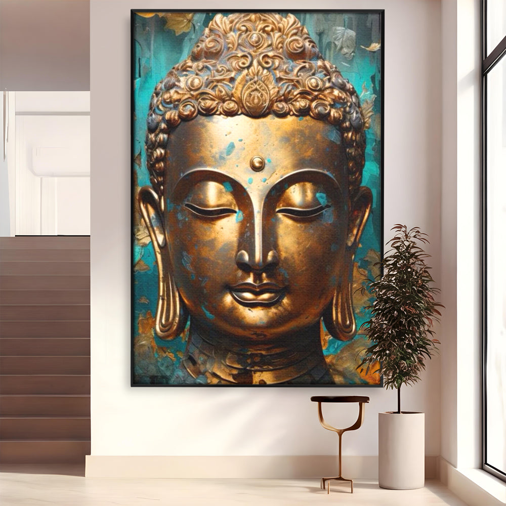 Tablou Canvas Premium LuxCanva® I127, Regal Zen, Buddha, Meditatie, Spiritualitate, Armonie, Pace Interioara, Echilibru, Eleganta, Frunze, Turcoaz, Gold, Living, Dormitor