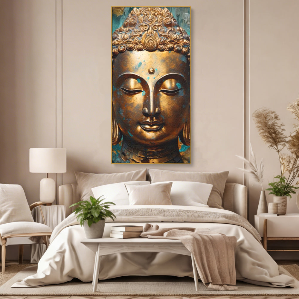 Tablou Canvas Premium LuxCanva® I127, Regal Zen, Buddha, Meditatie, Spiritualitate, Armonie, Pace Interioara, Echilibru, Eleganta, Frunze, Turcoaz, Gold, Living, Dormitor