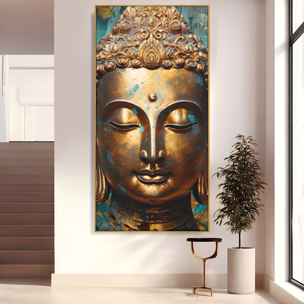 Tablou Canvas Premium LuxCanva® I127, Regal Zen, Buddha, Meditatie, Spiritualitate, Armonie, Pace Interioara, Echilibru, Eleganta, Frunze, Turcoaz, Gold, Living, Dormitor