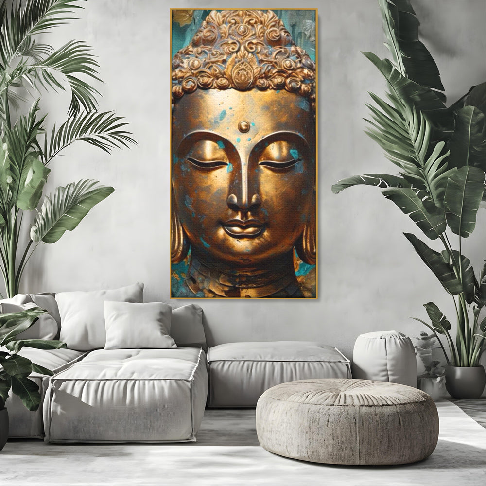Tablou Canvas Premium LuxCanva® I127, Regal Zen, Buddha, Meditatie, Spiritualitate, Armonie, Pace Interioara, Echilibru, Eleganta, Frunze, Turcoaz, Gold, Living, Dormitor