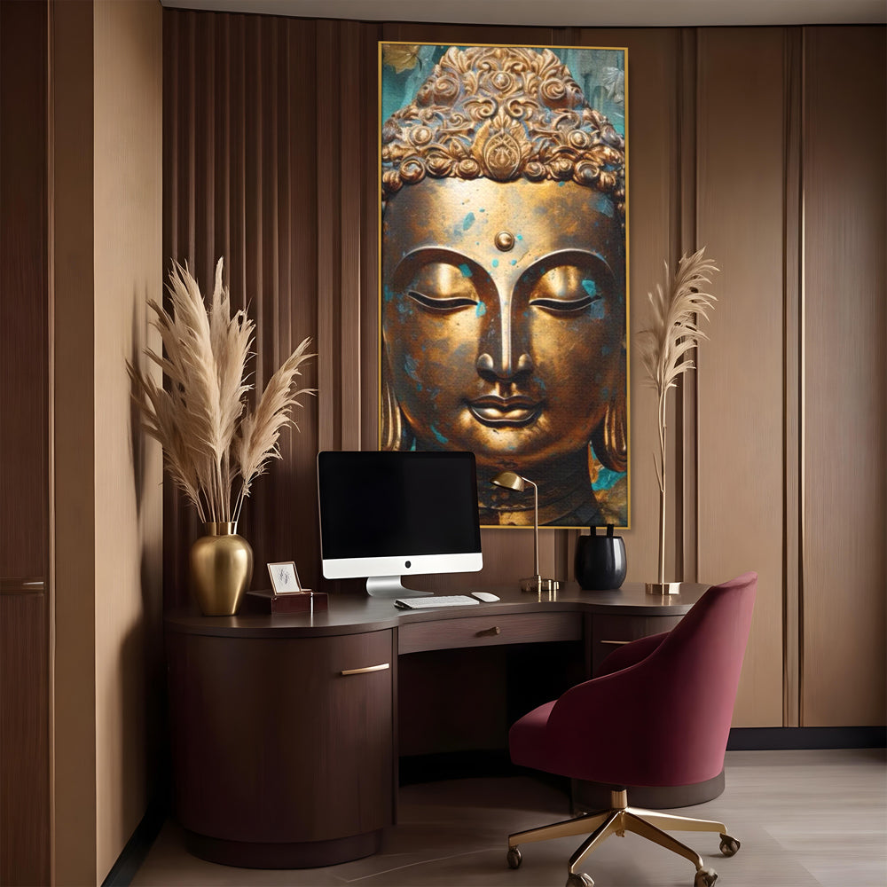Tablou Canvas Premium LuxCanva® I127, Regal Zen, Buddha, Meditatie, Spiritualitate, Armonie, Pace Interioara, Echilibru, Eleganta, Frunze, Turcoaz, Gold, Living, Dormitor