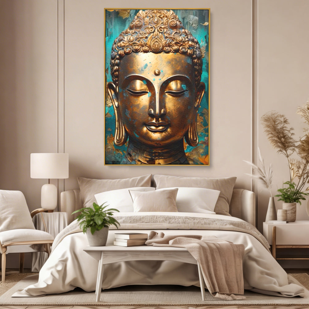 Tablou Canvas Premium LuxCanva® I127, Regal Zen, Buddha, Meditatie, Spiritualitate, Armonie, Pace Interioara, Echilibru, Eleganta, Frunze, Turcoaz, Gold, Living, Dormitor