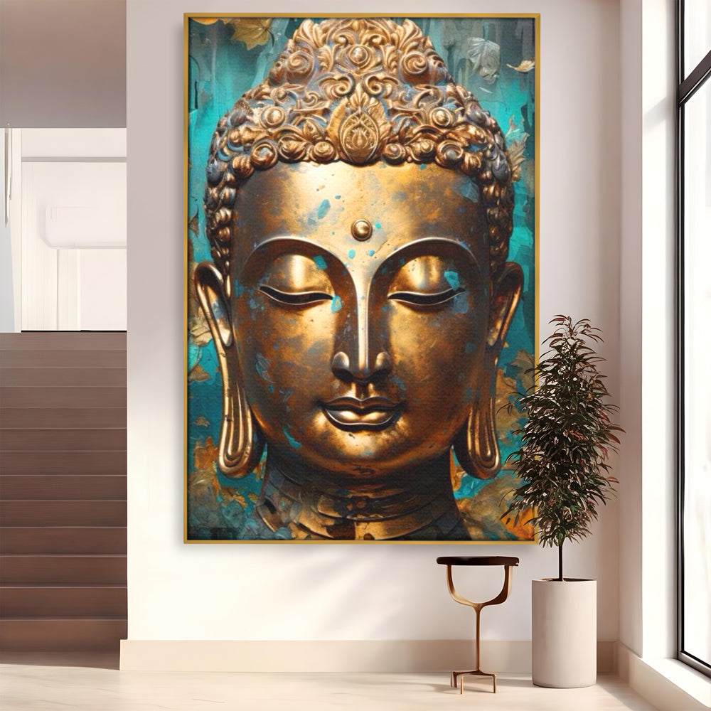 Tablou Canvas Premium LuxCanva® I127, Regal Zen, Buddha, Meditatie, Spiritualitate, Armonie, Pace Interioara, Echilibru, Eleganta, Frunze, Turcoaz, Gold, Living, Dormitor