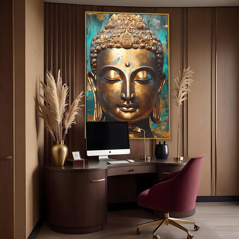 Tablou Canvas Premium LuxCanva® I127, Regal Zen, Buddha, Meditatie, Spiritualitate, Armonie, Pace Interioara, Echilibru, Eleganta, Frunze, Turcoaz, Gold, Living, Dormitor