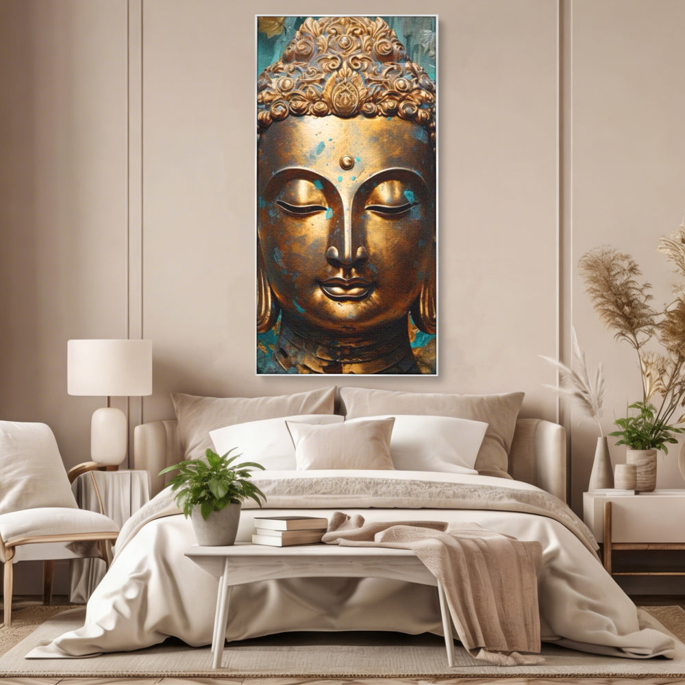 Tablou Canvas Premium LuxCanva® I127, Regal Zen, Buddha, Meditatie, Spiritualitate, Armonie, Pace Interioara, Echilibru, Eleganta, Frunze, Turcoaz, Gold, Living, Dormitor
